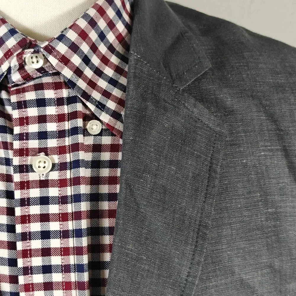 Pronto‎ Uomo Blue Men's Sport Coat Blazer Two Button Gray Linen Cotton Size XL